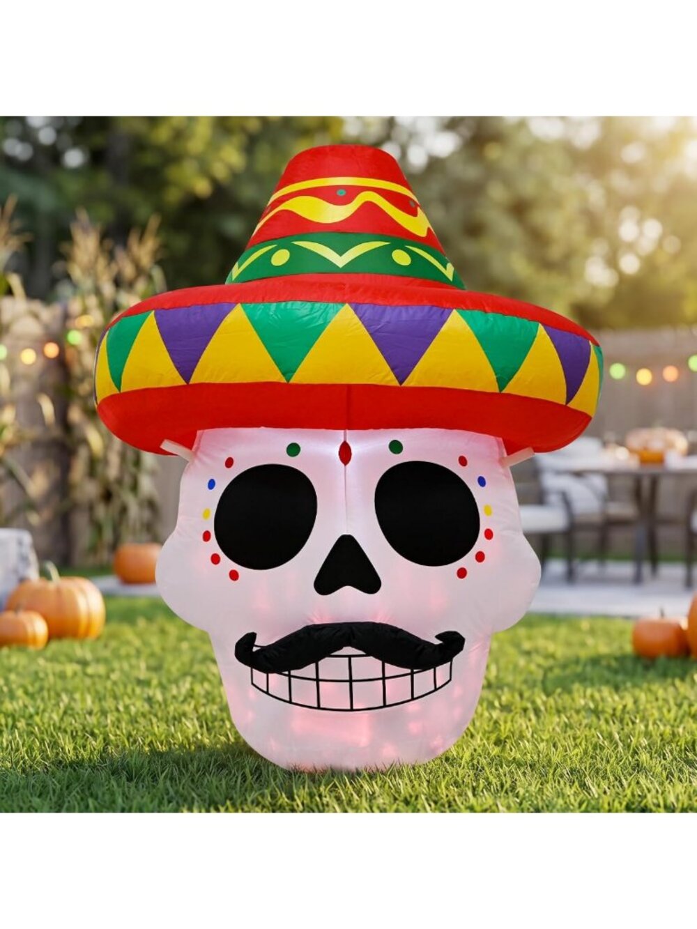 4.5FT Halloween Inflatable Sugar Skull Sombrero Decor with LED Lights